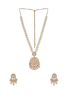Gold Finish Kundan Polki & Pearl Long Necklace Set