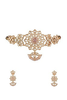 Gold Finish Pink Kundan Polki Choker Necklace Set