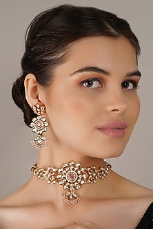 Gold Finish Pink Kundan Polki Choker Necklace Set