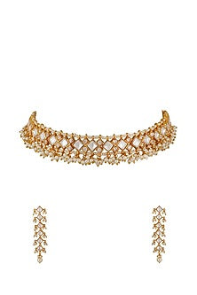 Gold Finish White Kundan Polki Choker Necklace Set
