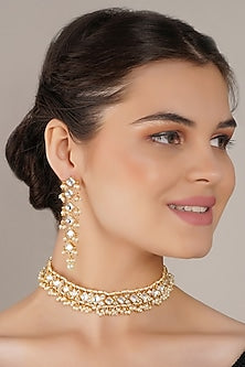 Gold Finish White Kundan Polki Choker Necklace Set