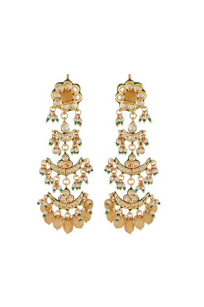Gold Finish Yellow Kundan Polki Dangler Earrings