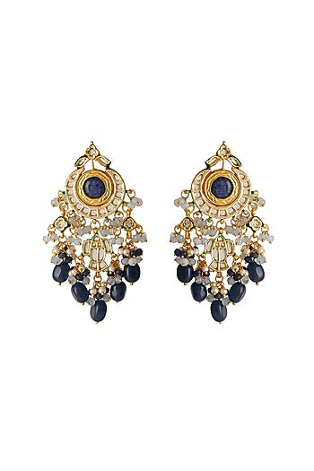 Gold Finish Blue Kundan Polki Dangler Earrings