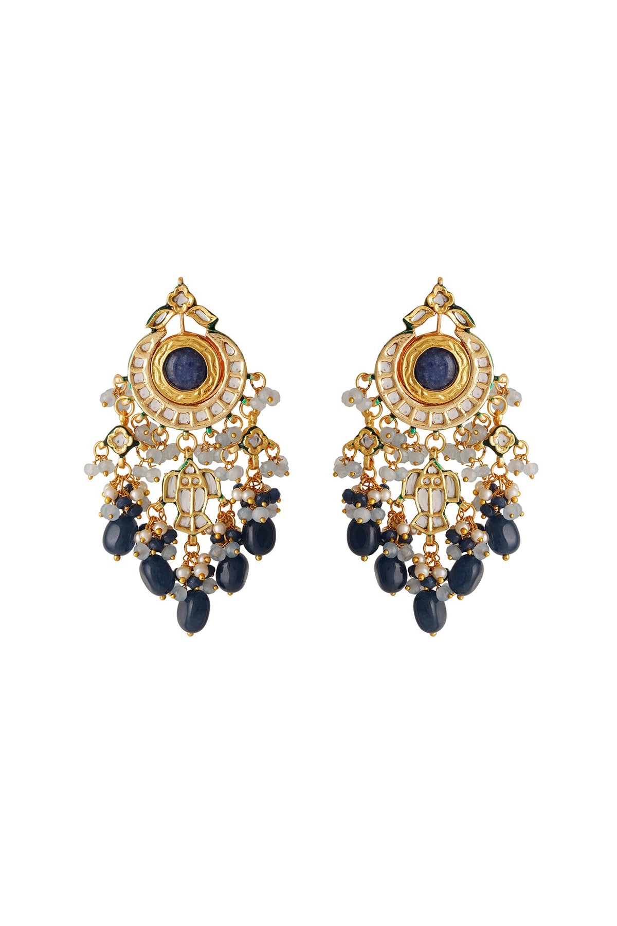 Gold Finish Blue Kundan Polki Dangler Earrings