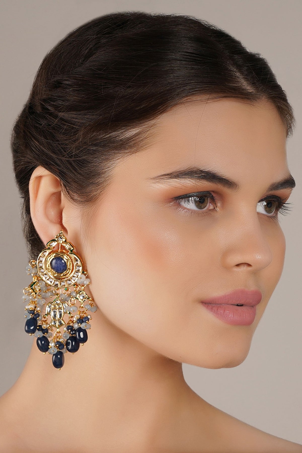 Gold Finish Blue Kundan Polki Dangler Earrings