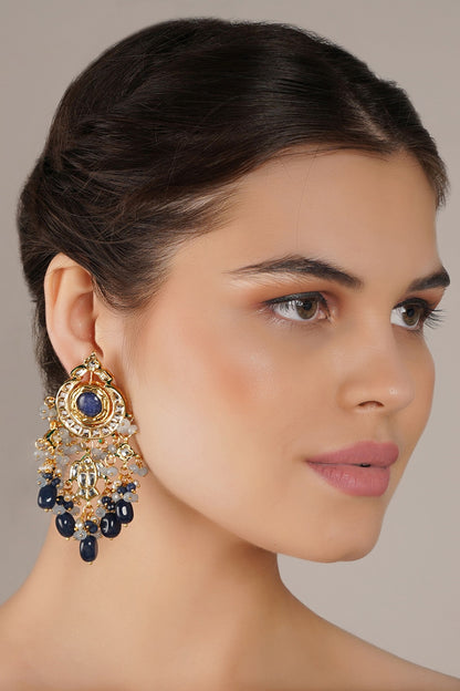 Gold Finish Blue Kundan Polki Dangler Earrings