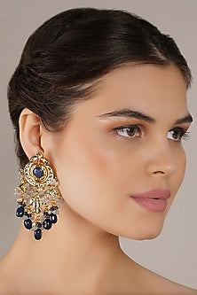 Gold Finish Blue Kundan Polki Dangler Earrings