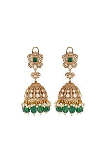 Gold Finish Green Kundan Polki Jhumka Earrings