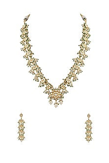 Gold Finish White Kundan Polki Long Necklace Set