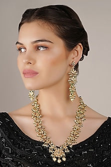 Gold Finish White Kundan Polki Long Necklace Set