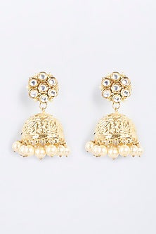 Gold Finish Kundan Polki & Pearl Jhumka Earrings