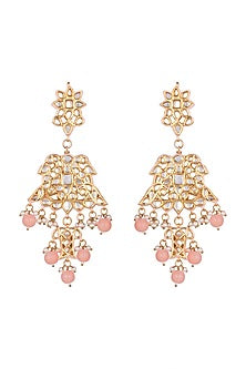 Gold Finish Peach Stone Long Earrings