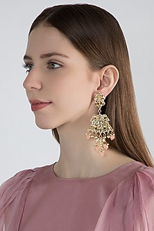 Gold Finish Peach Stone Long Earrings