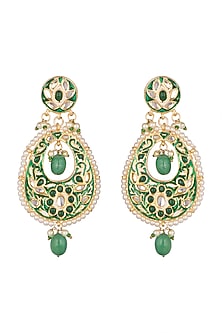 Gold Finish Green Stone Long Earrings