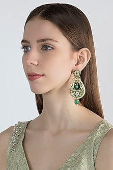 Gold Finish Green Stone Long Earrings