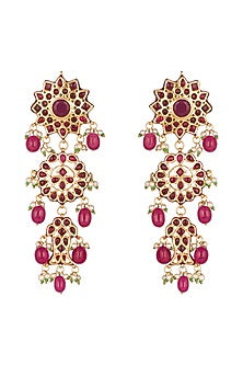 Gold Finish Maroon Stone Earrings