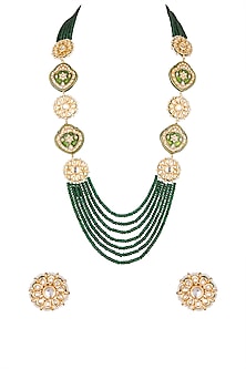 Gold Finish Green Stone Long Necklace Set