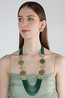 Gold Finish Green Stone Long Necklace Set
