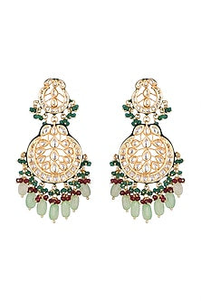 Gold Finish Green Stone Long Earrings