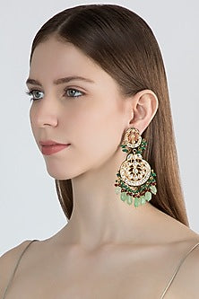 Gold Finish Green Stone Long Earrings