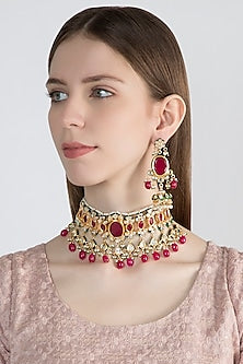 Gold Finish Red Stone Choker Necklace Set