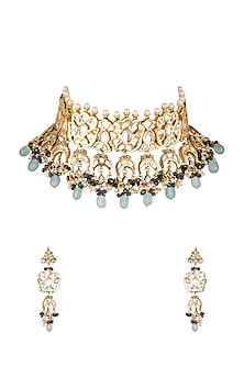 Gold Finish Blue Stone Choker Necklace Set