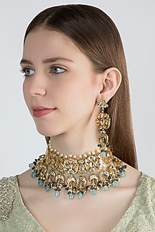 Gold Finish Blue Stone Choker Necklace Set