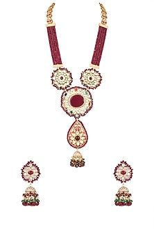Gold Finish Red Stone Long Necklace Set