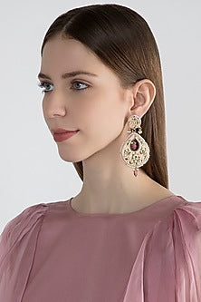 Gold Finish Peach Stone Earrings