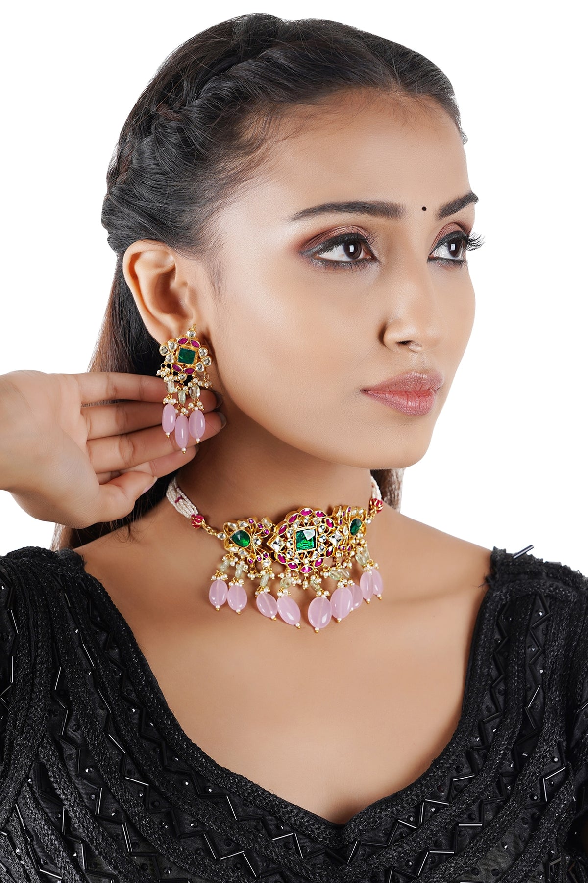 Gold Finish Pearl & Kundan Choker Necklace Set