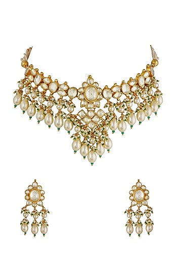 Gold Finish Choker Necklace Set With Pearls