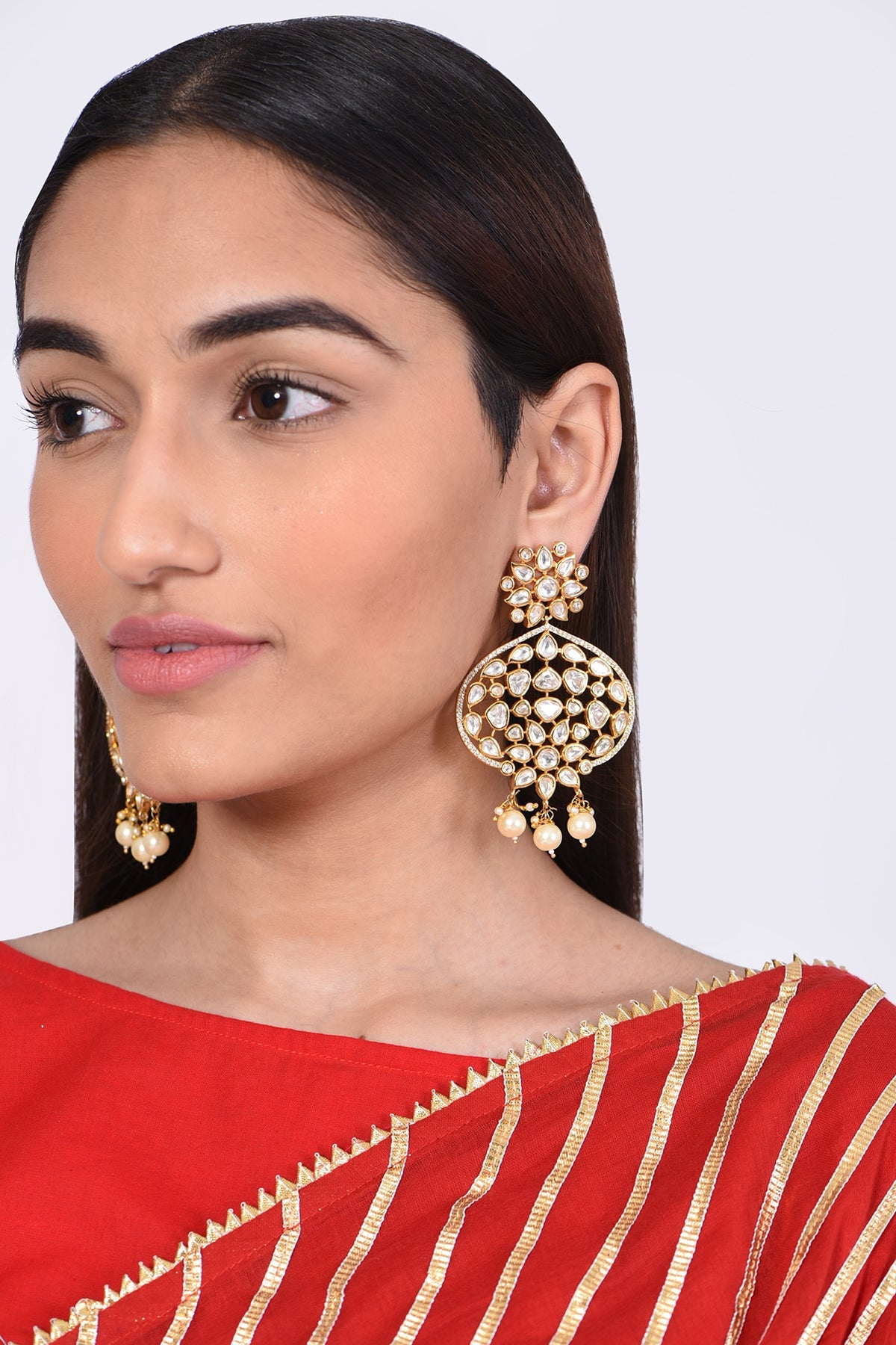 Gold Finish Dangler Earrings With Kundan Polki