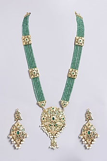 Gold Finish Kundan Polki Long Necklace Set