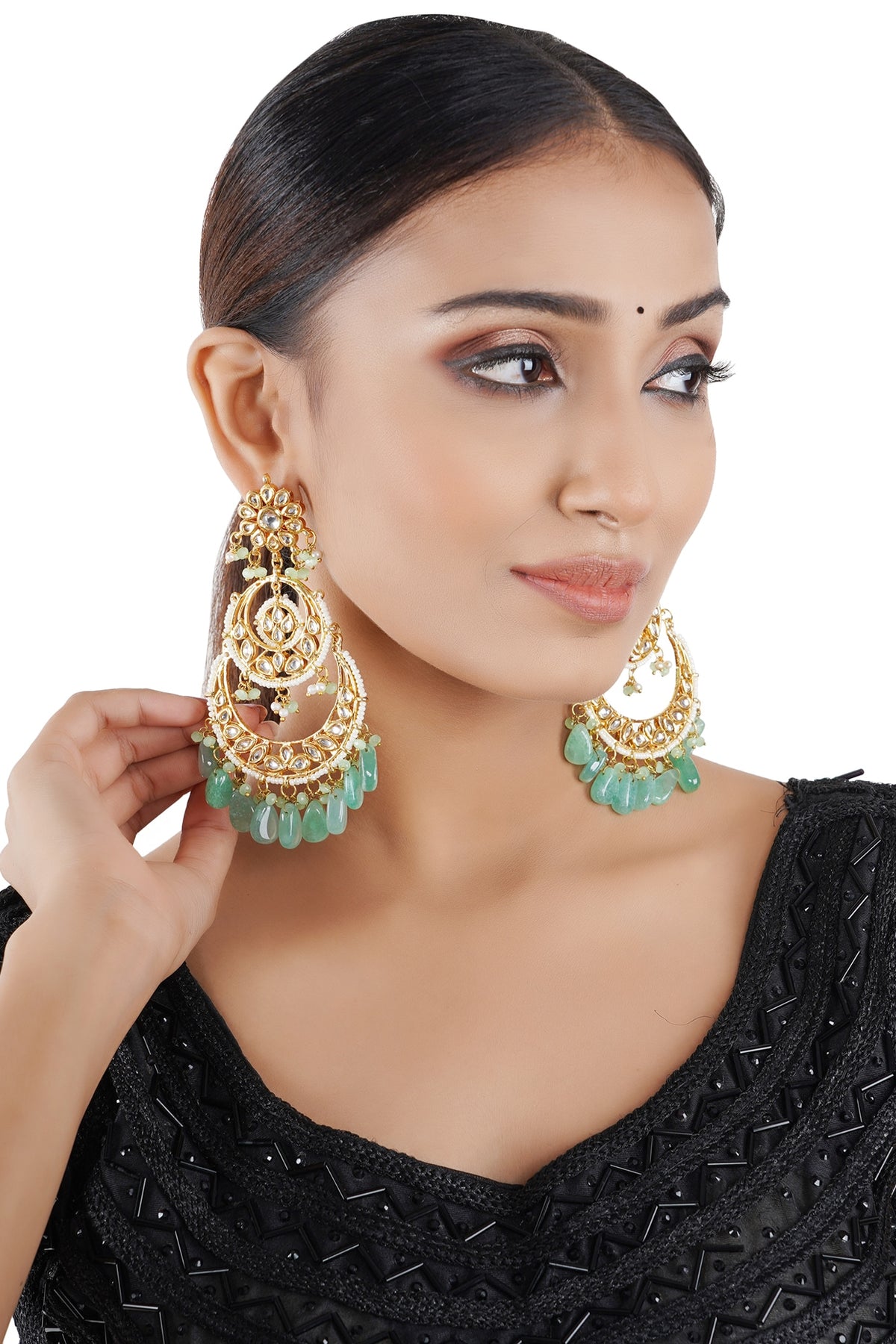 Gold Finish Chandbali Earrings With Kundan Polki