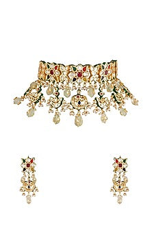 Gold Finish Choker Necklace Set With Kundan Polki