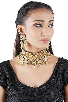 Gold Finish Choker Necklace Set With Kundan Polki