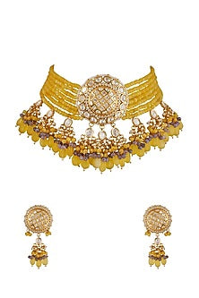 Gold Finish Choker Necklace Set With Yellow Beads
