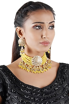 Gold Finish Choker Necklace Set With Yellow Beads
