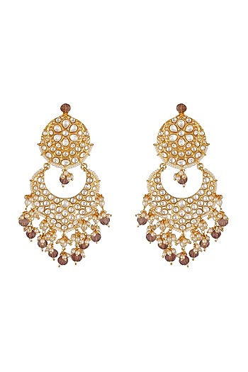 Gold Finish Kundan Polki & Pearl Chandbali Earrings
