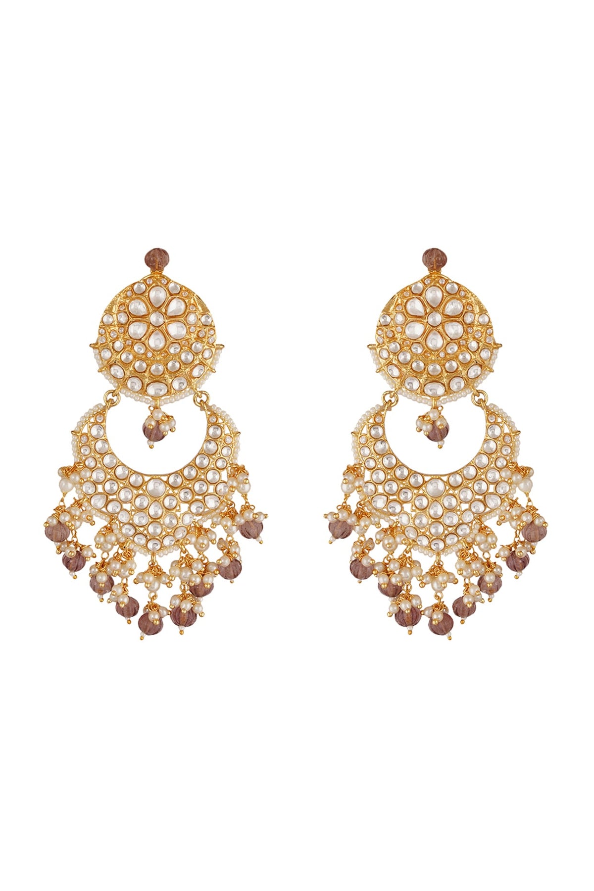 Gold Finish Kundan Polki & Pearl Chandbali Earrings