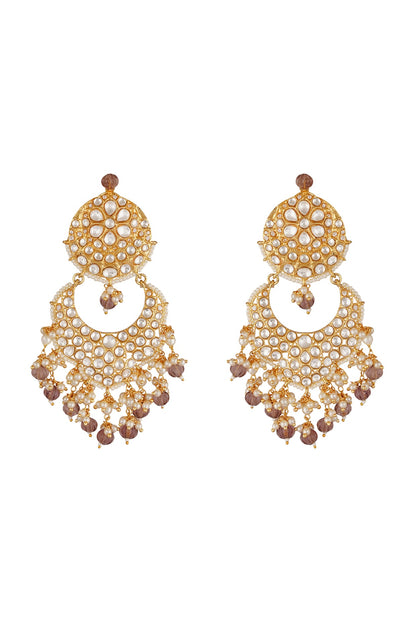 Gold Finish Kundan Polki & Pearl Chandbali Earrings