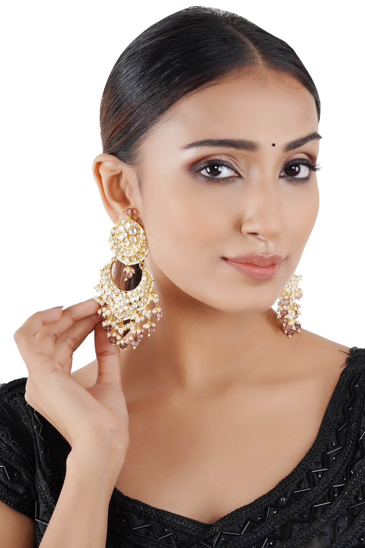 Gold Finish Kundan Polki & Pearl Chandbali Earrings