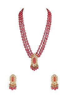 Gold Finish Long Necklace Set With Kundan Polki