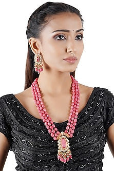 Gold Finish Long Necklace Set With Kundan Polki