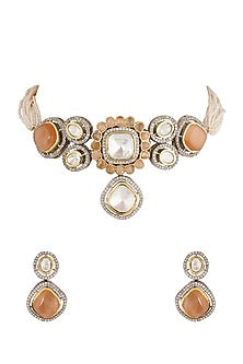 Gold Finish Pearl & Kundan Polki Choker Necklace Set