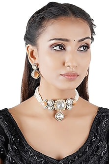 Gold Finish Pearl & Kundan Polki Choker Necklace Set