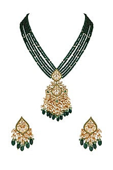 Gold Finish Long Necklace Set With Kundan Polki