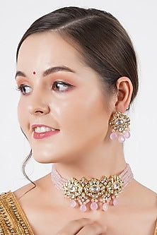 Gold Finish Kundan & Pearl Choker Necklace Set
