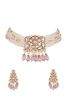 Gold Finish Choker Necklace Set With Pink Beads