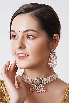Gold Finish Choker Necklace Set With Pink Beads